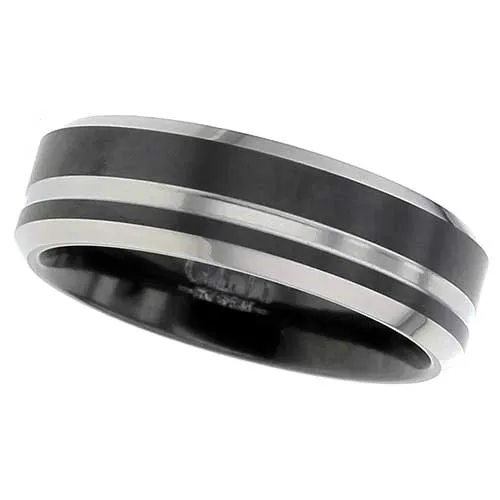 Black Zirconium Rings UK with Polished Stripe and Chamfered Natural Edges